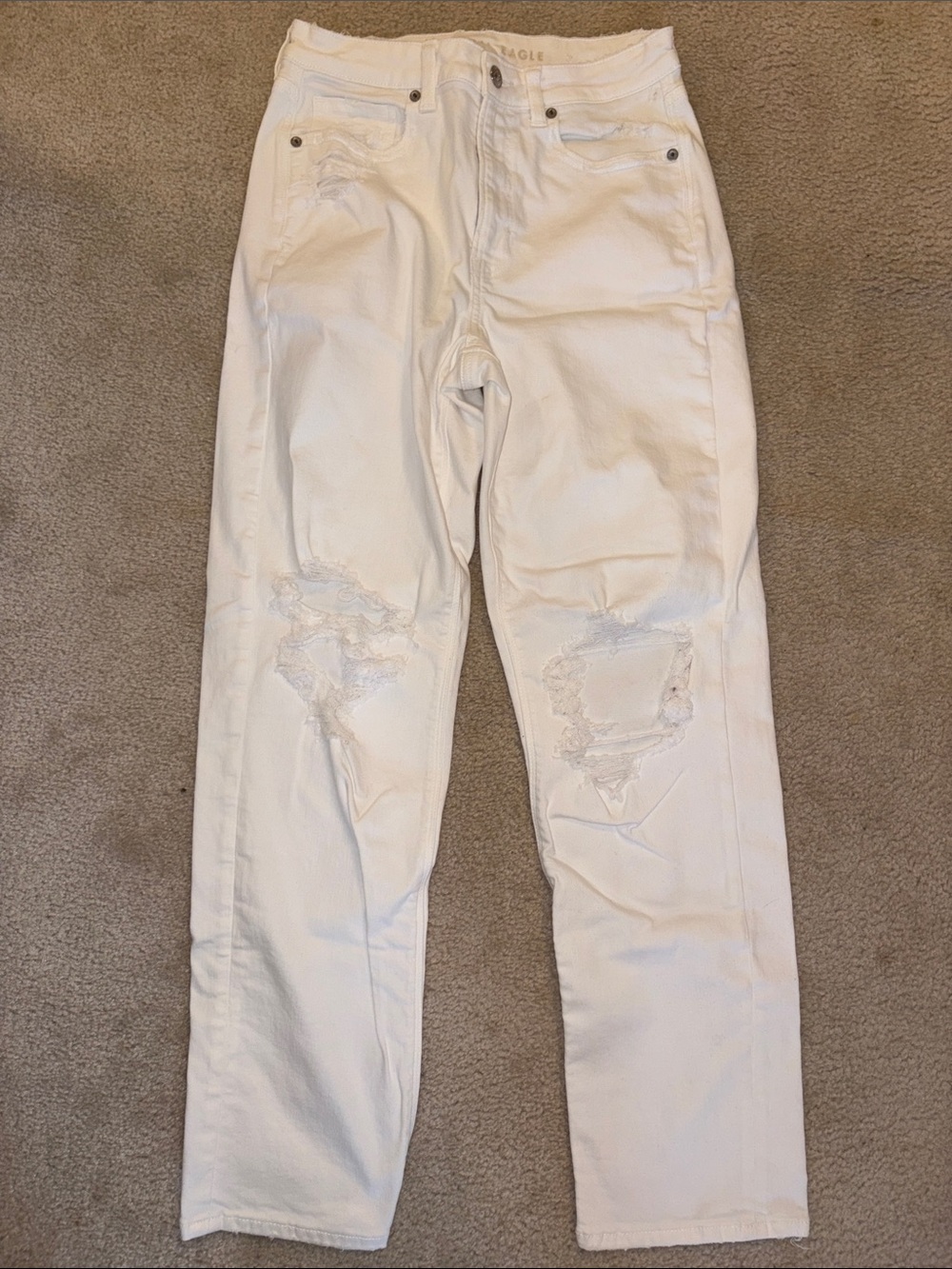 American Eagle Outfitters White Straight Leg Jeans with Distressed Knees